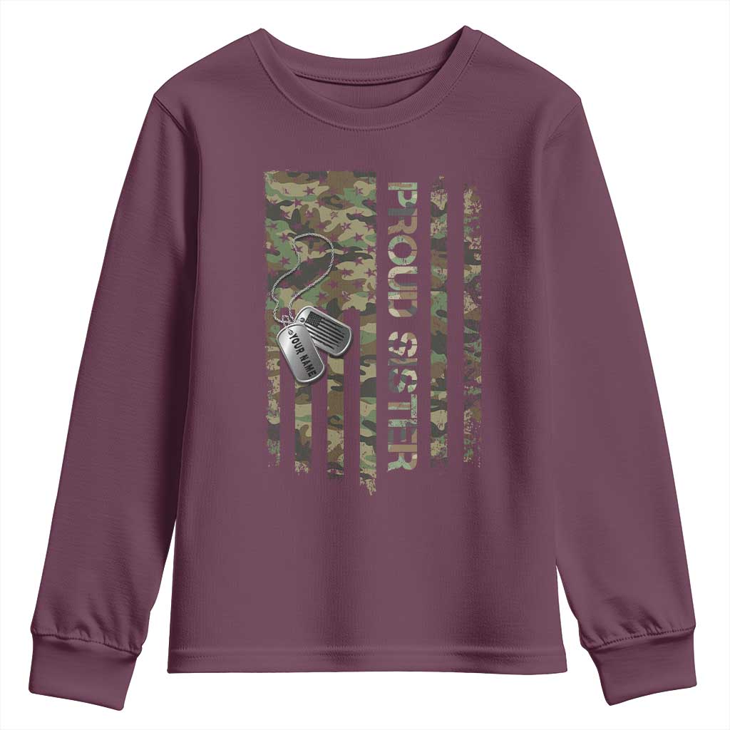 Personalized Proud Army Sister Youth Sweatshirt Custom Name Dog Tag Camo American Flag Gift