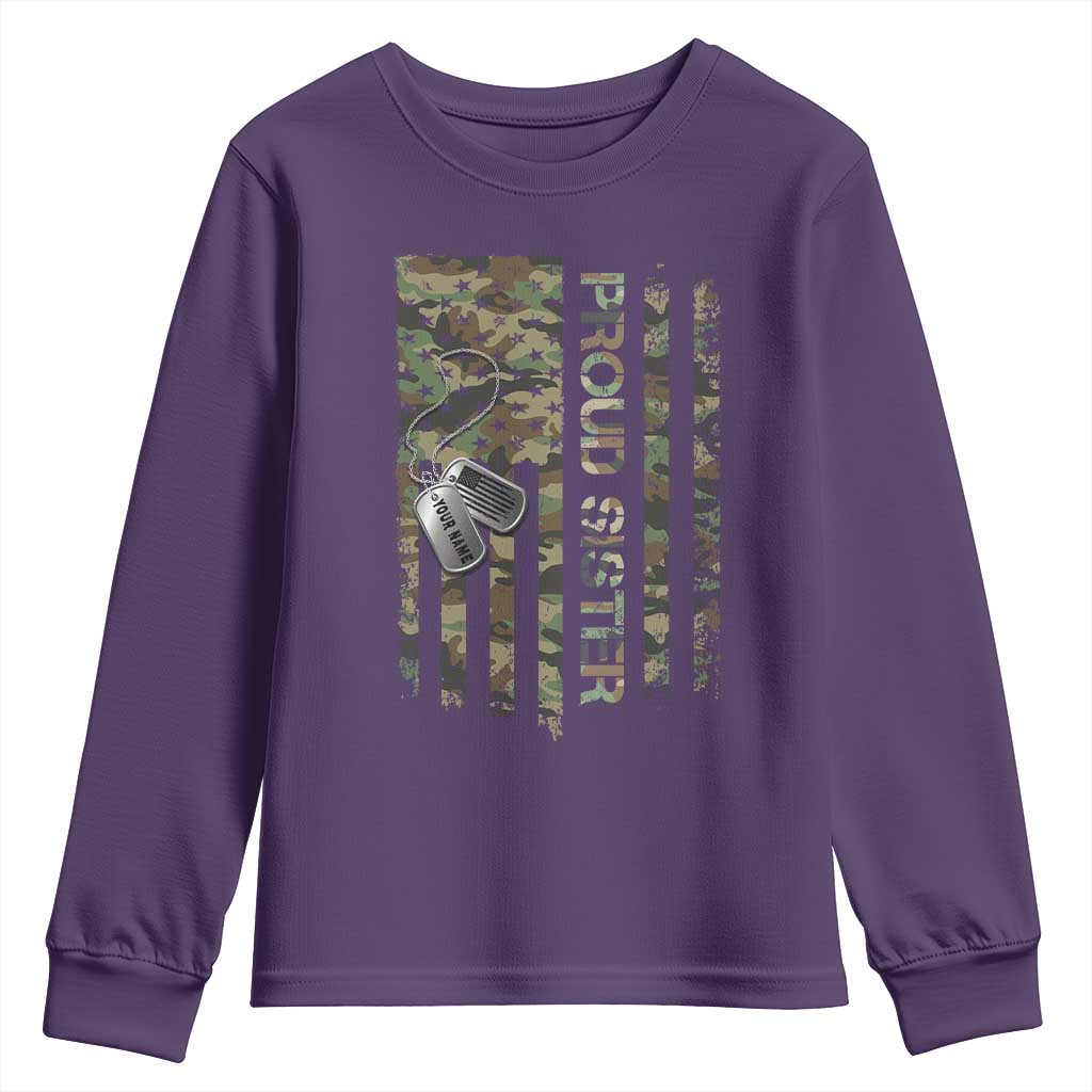 Personalized Proud Army Sister Youth Sweatshirt Custom Name Dog Tag Camo American Flag Gift