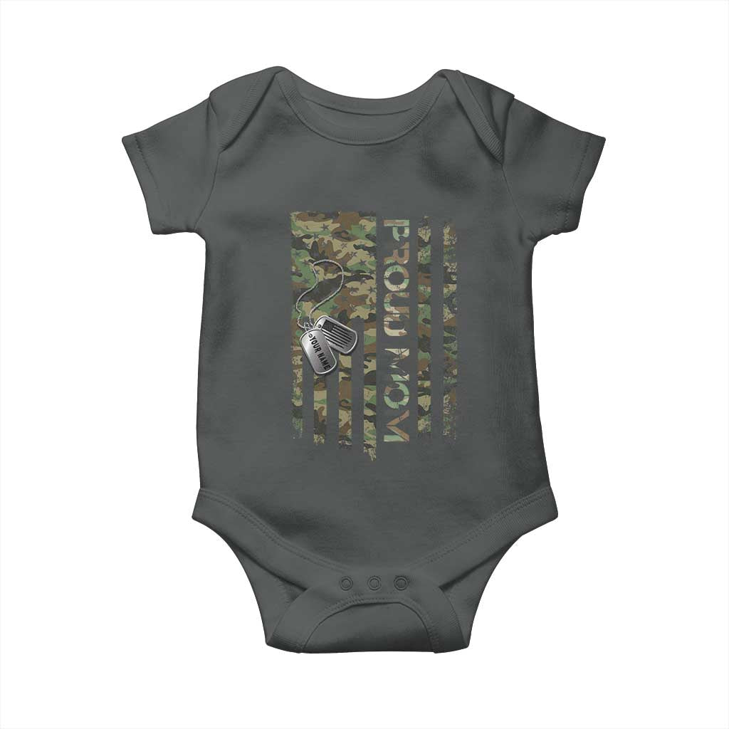 Personalized Proud Army Mom Baby Onesie Custom Name Dog Tag Camo American Flag Gift