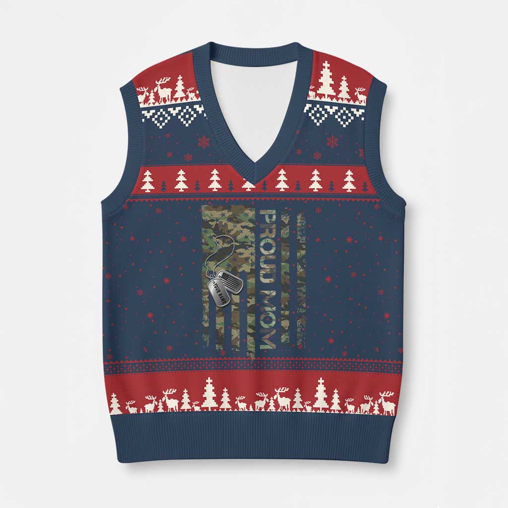 Personalized Proud Army Mom V-Neck Knit Sweater Vest Custom Name Dog Tag Camo American Flag Gift