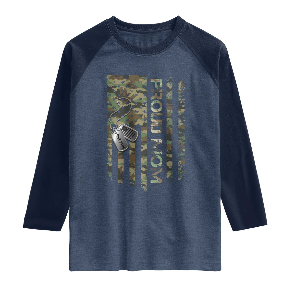 Personalized Proud Army Mom Raglan Shirt Custom Name Dog Tag Camo American Flag Gift