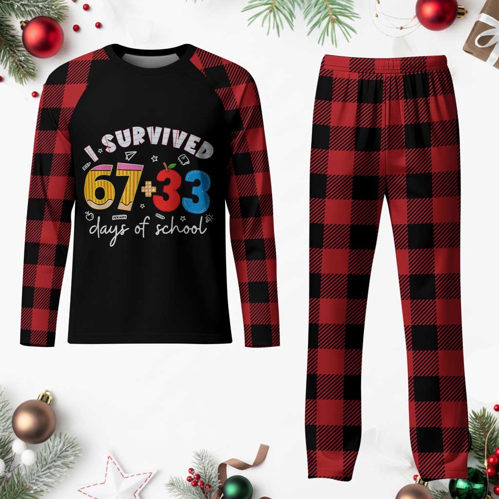 I Survived 67 33 Days Of School Plaid Pajama Set Funny Six Seven Meme Boys Kids 100th Day