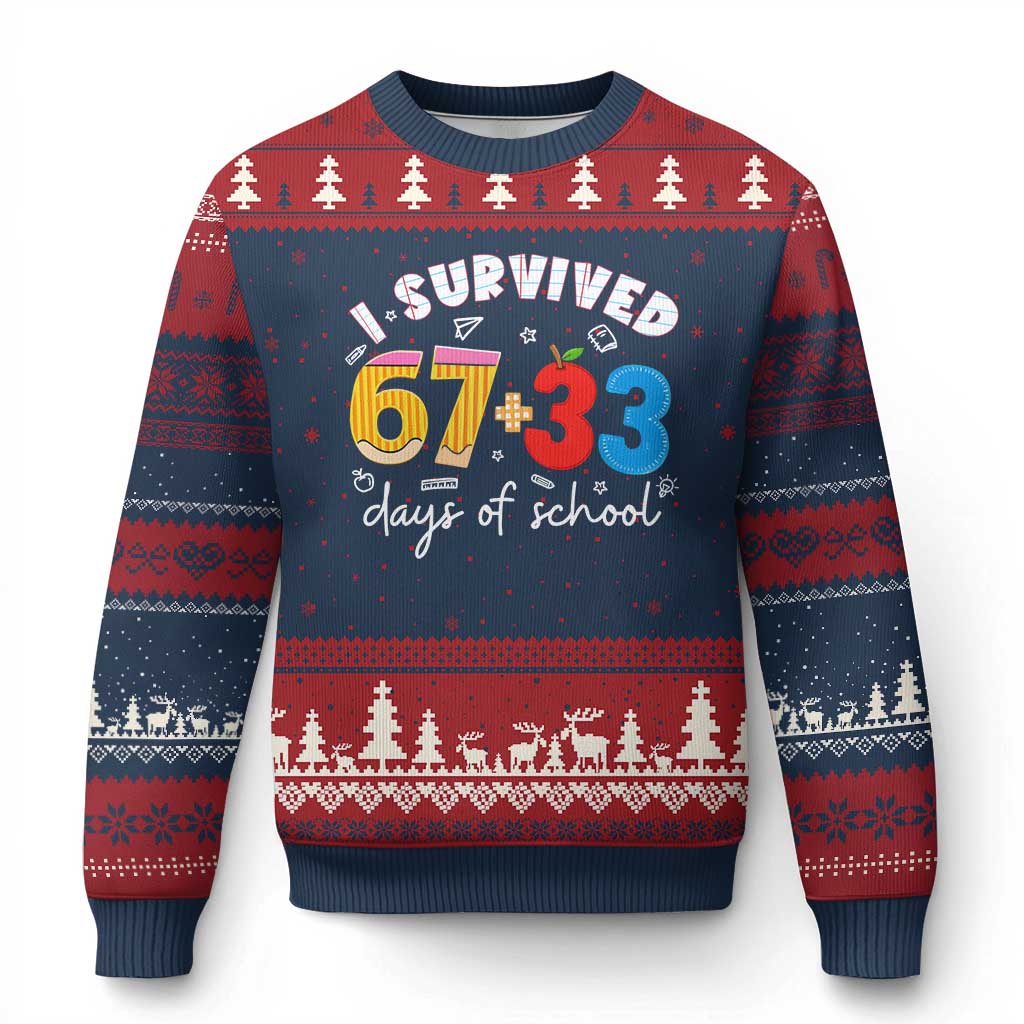 I Survived 67 33 Days Of School Ugly Christmas Sweater Funny Six Seven Meme Boys Kids 100th Day