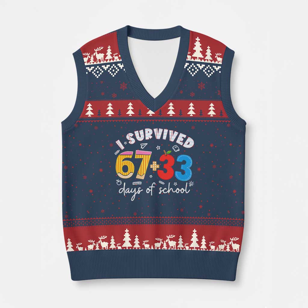 I Survived 67 33 Days Of School V-Neck Knit Sweater Vest Funny Six Seven Meme Boys Kids 100th Day