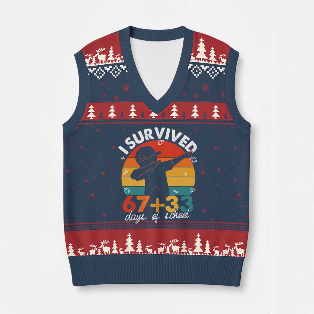 I Survived 67 33 Days Of School V-Neck Knit Sweater Vest Funny Six Seven Meme Math Teacher Kids 100th Day