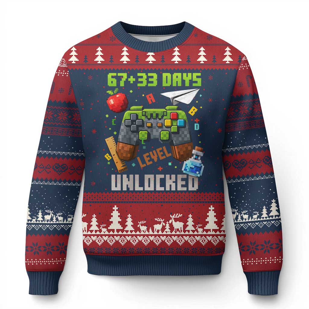 67 33 100 Days Level Unlocked Ugly Christmas Sweater Gaming 100th Day of School Boys Kid