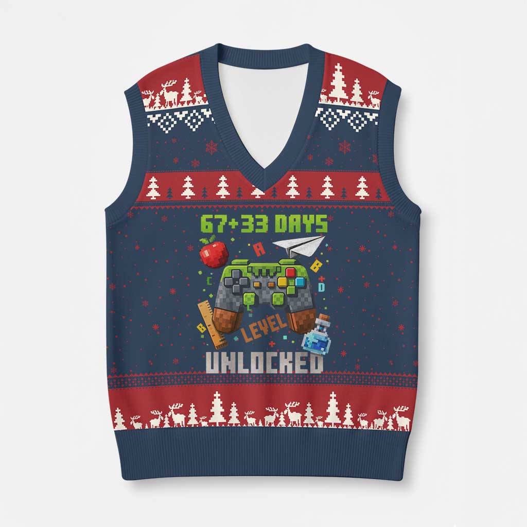 67 33 100 Days Level Unlocked V-Neck Knit Sweater Vest Gaming 100th Day of School Boys Kid