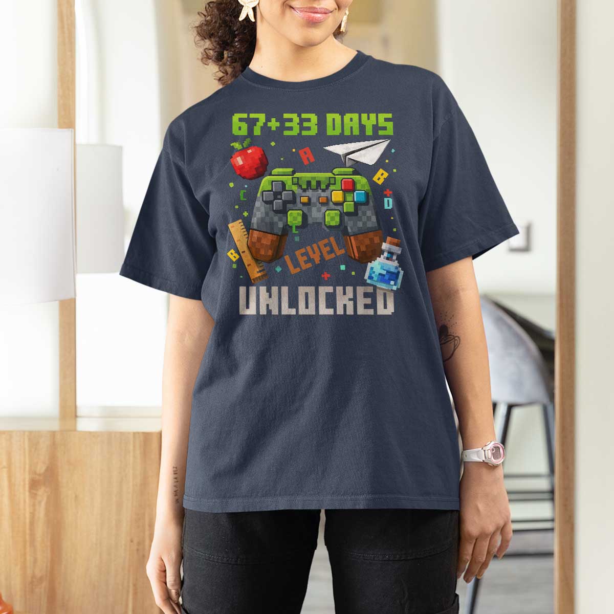 67 33 100 Days Level Unlocked T Shirt For Women Gaming 100th Day of School Boys Kid