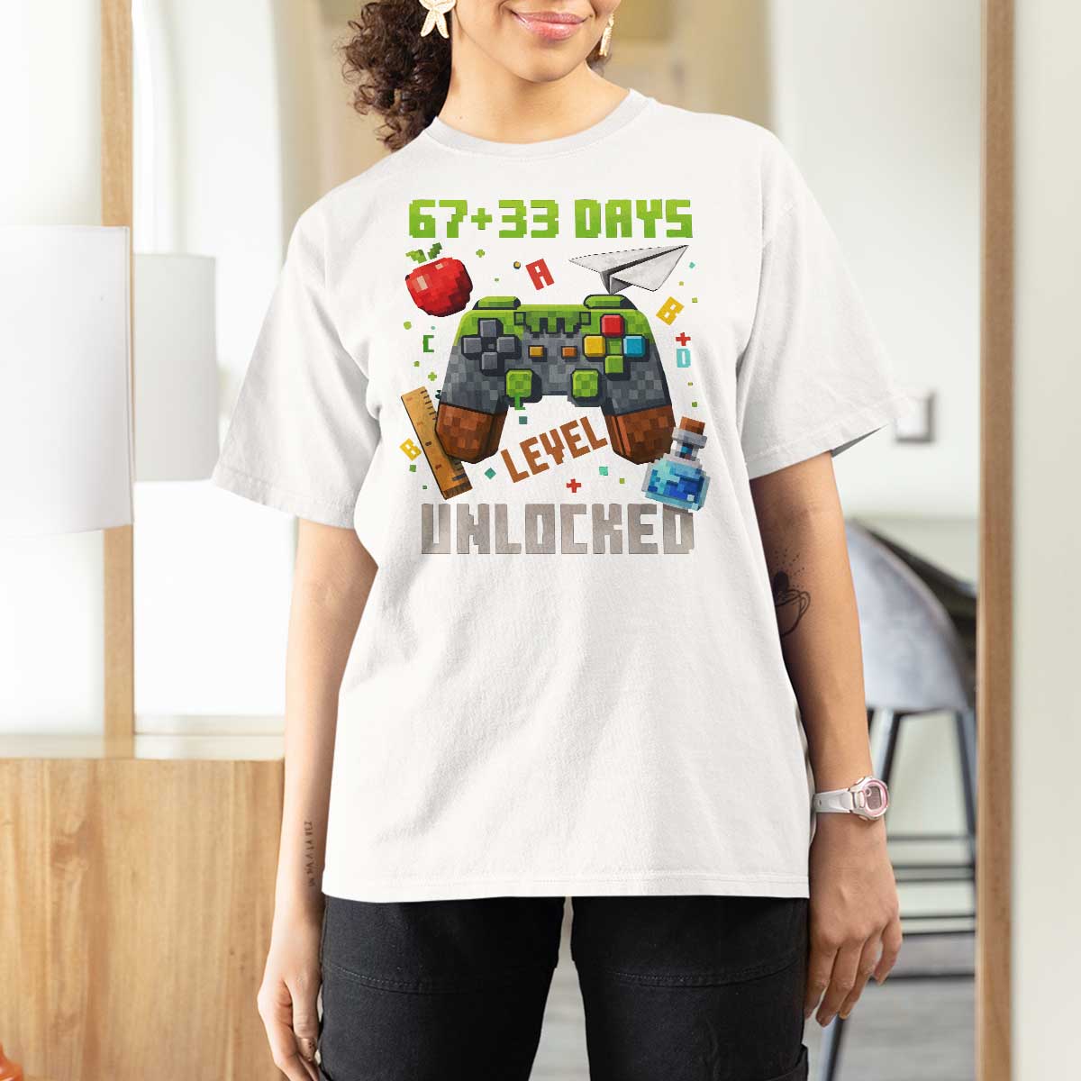 67 33 100 Days Level Unlocked T Shirt For Women Gaming 100th Day of School Boys Kid