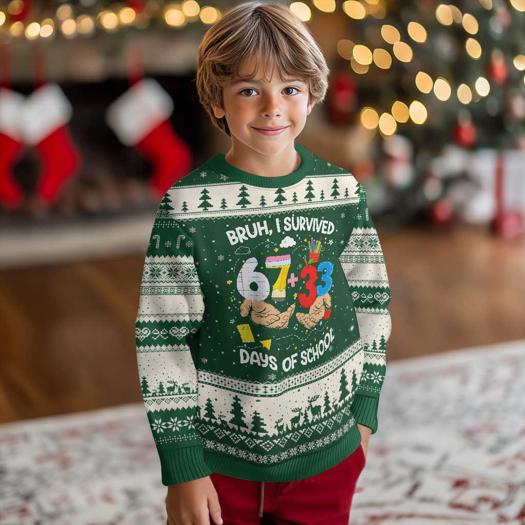 Bruh I Survived 67 33 100 Days of School Ugly Christmas Sweater Six Seven Teachers Kids
