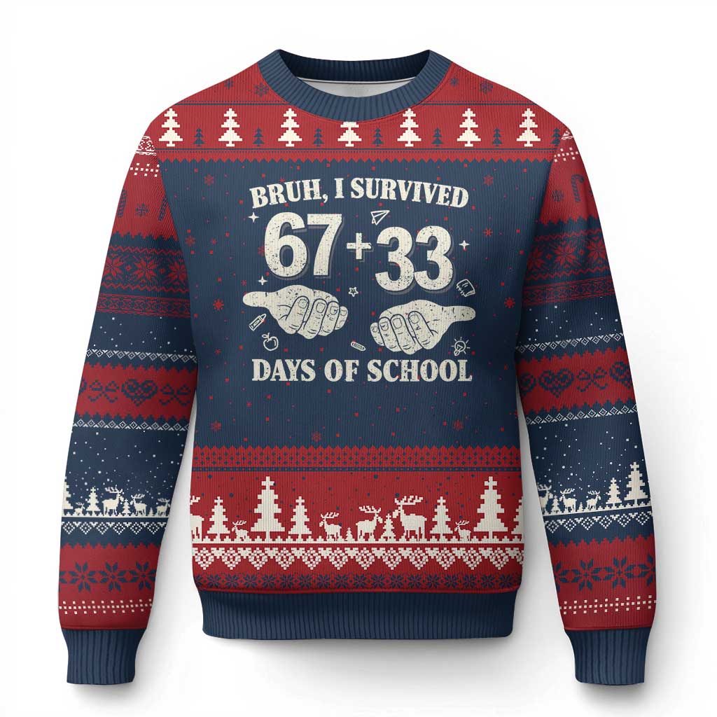 Bruh I Survived 100 Days of School Ugly Christmas Sweater 67 33 Six Seven Hands Meme Funny Gen Alpha