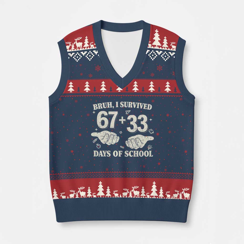Bruh I Survived 100 Days of School V-Neck Knit Sweater Vest 67 33 Six Seven Hands Meme Funny Gen Alpha
