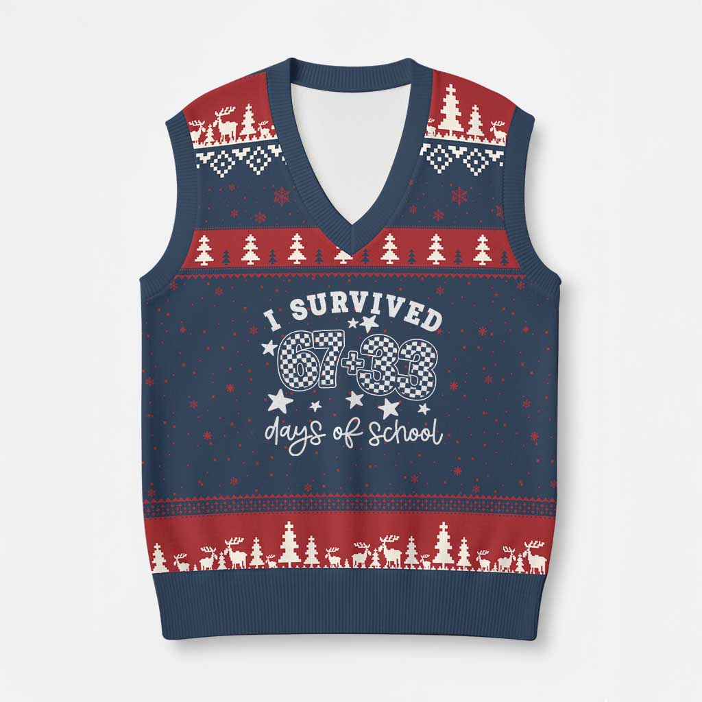 I Survived 67 33 100 Days of School V-Neck Knit Sweater Vest Funny 100th Day of School One Hundred Days