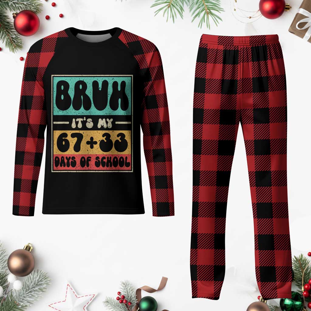 Bruh I Survived 67 33 Days of School Plaid Pajama Set Retro 100th Day of School Boys Teachers Pupils