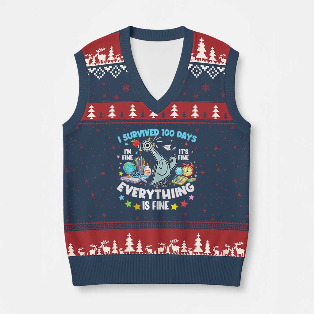 I Survived 100 Days Of School V-Neck Knit Sweater Vest Funny Pigeon 100th Day Teacher