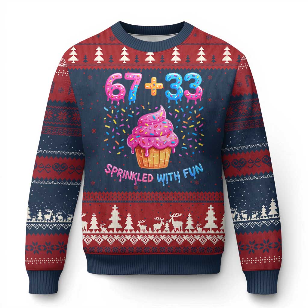 100th Day of School Girl Ugly Christmas Sweater 67 33 100 Days Sprinkled With Fun Cupcake Six Seven Meme