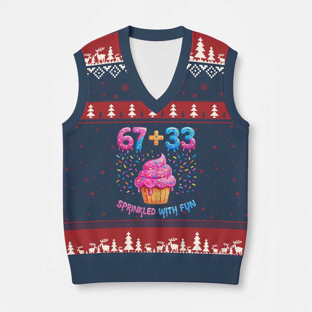 100th Day of School Girl V-Neck Knit Sweater Vest 67 33 100 Days Sprinkled With Fun Cupcake Six Seven Meme