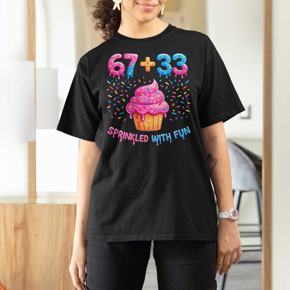 100th Day of School Girl T Shirt For Women 67 33 100 Days Sprinkled With Fun Cupcake Six Seven Meme