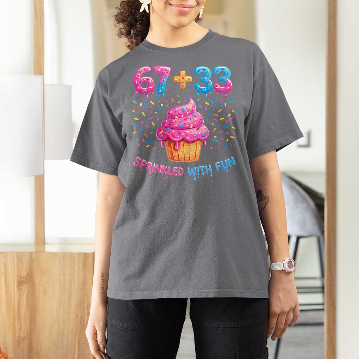 100th Day of School Girl T Shirt For Women 67 33 100 Days Sprinkled With Fun Cupcake Six Seven Meme