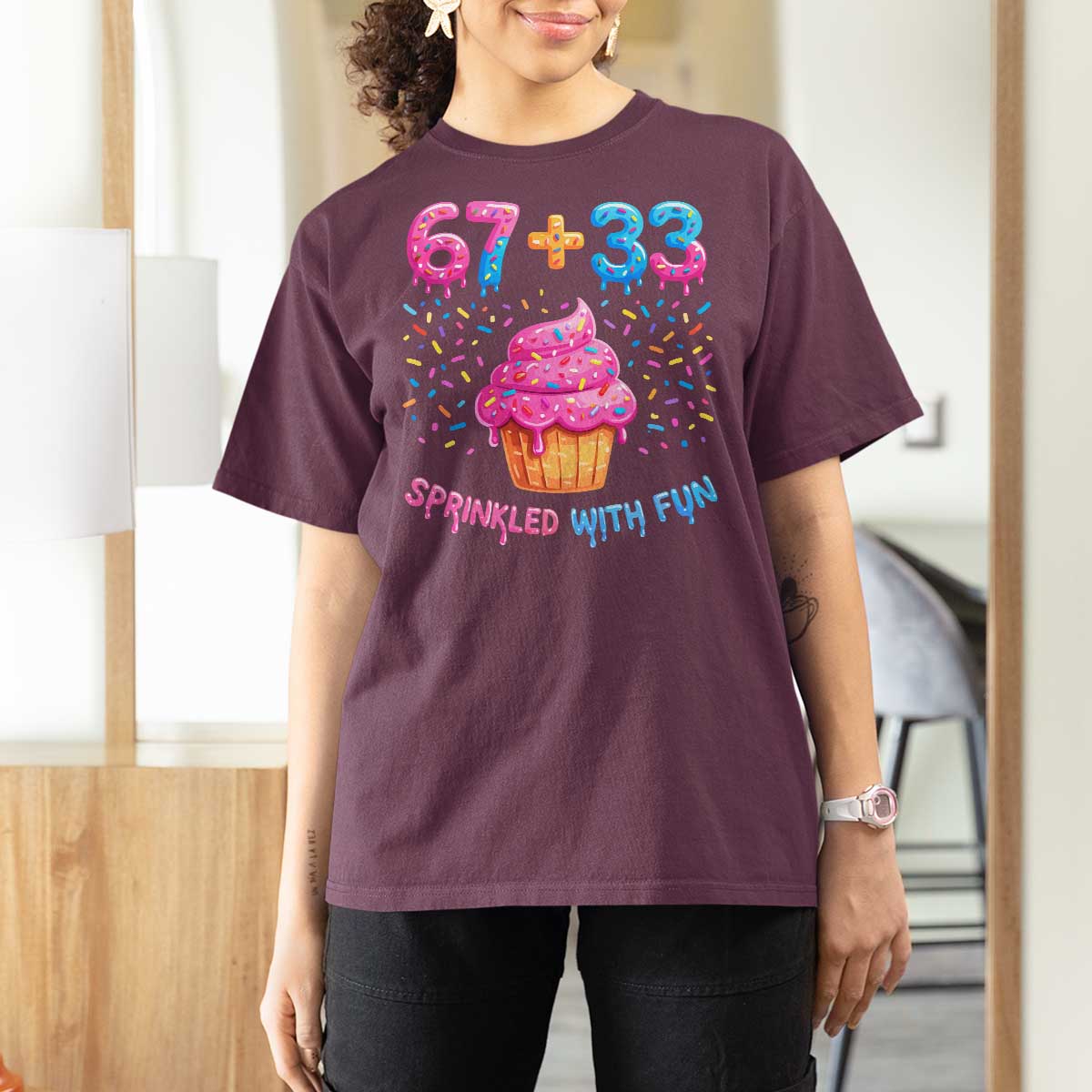 100th Day of School Girl T Shirt For Women 67 33 100 Days Sprinkled With Fun Cupcake Six Seven Meme