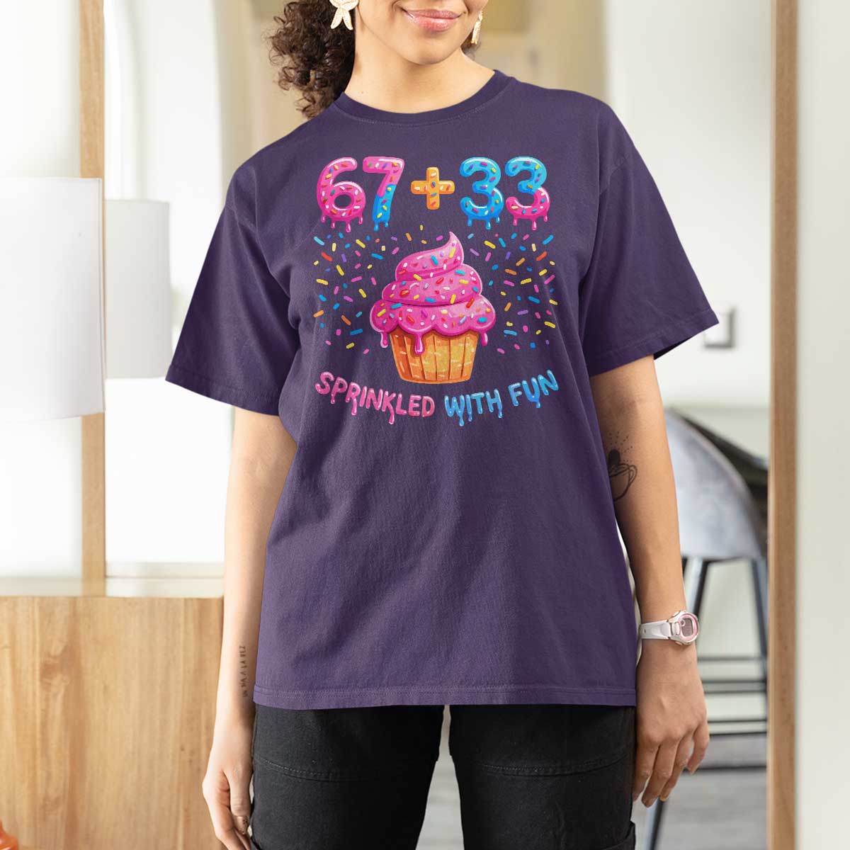100th Day of School Girl T Shirt For Women 67 33 100 Days Sprinkled With Fun Cupcake Six Seven Meme