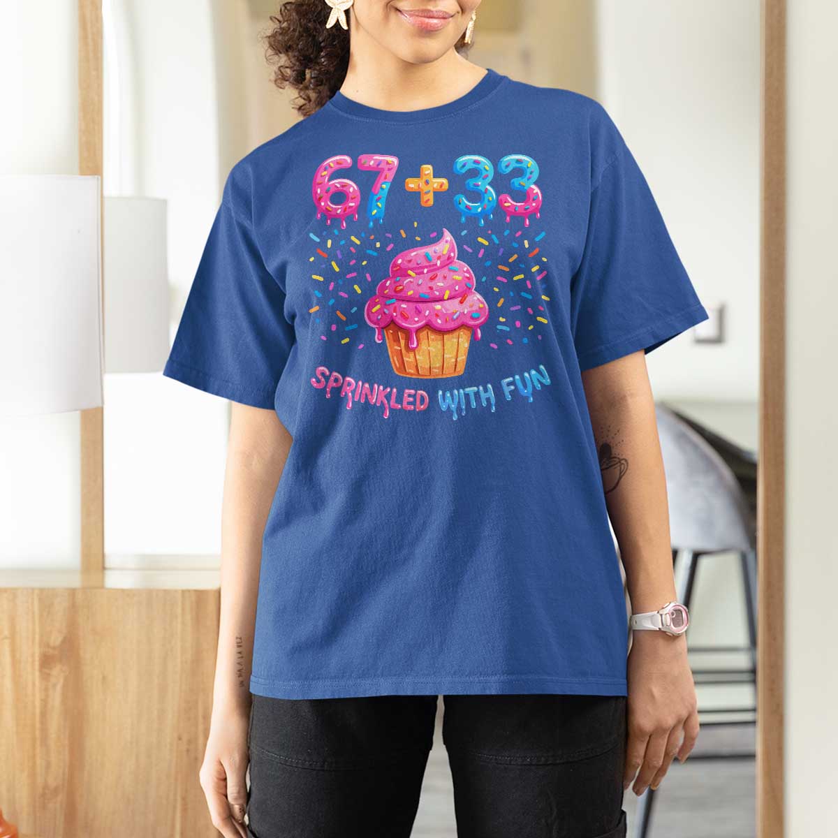 100th Day of School Girl T Shirt For Women 67 33 100 Days Sprinkled With Fun Cupcake Six Seven Meme
