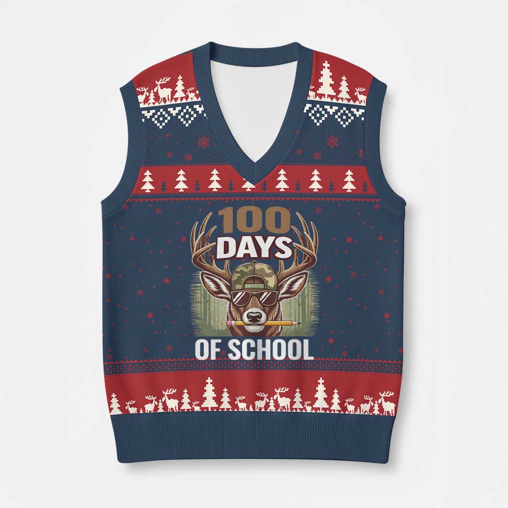 Deer 100 Days Of School V-Neck Knit Sweater Vest Camo Bucked 100 Days Smarter