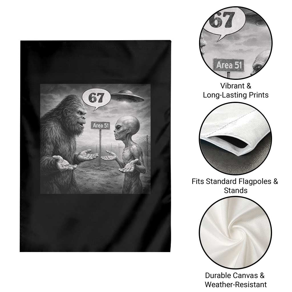 Funny 67 Meme Bigfoot Alien Garden Flag Six Seven Sasquatch Area 51 UFO Conspiracy