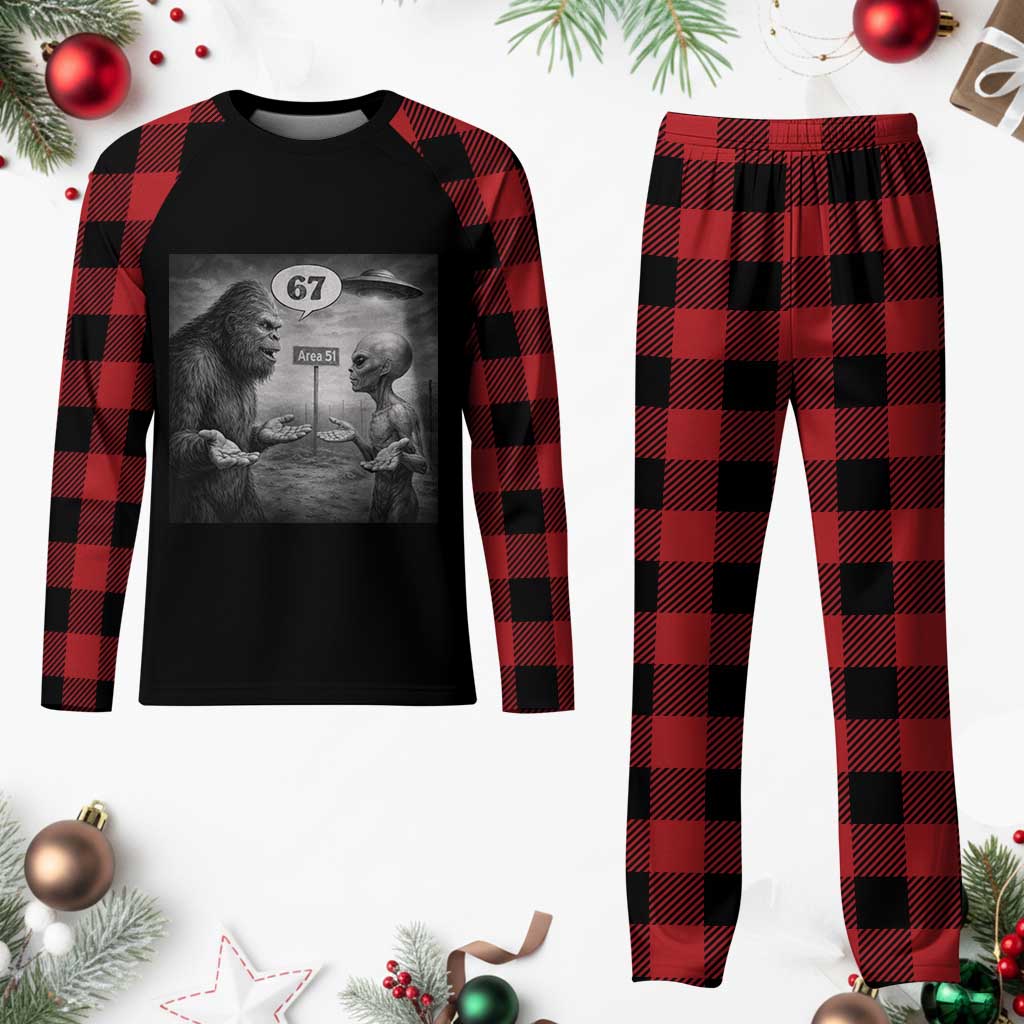 Funny 67 Meme Bigfoot Alien Plaid Pajama Set Six Seven Sasquatch Area 51 UFO Conspiracy