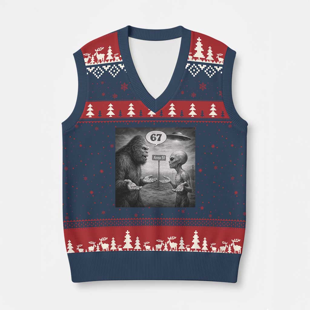 Funny 67 Meme Bigfoot Alien V-Neck Knit Sweater Vest Six Seven Sasquatch Area 51 UFO Conspiracy