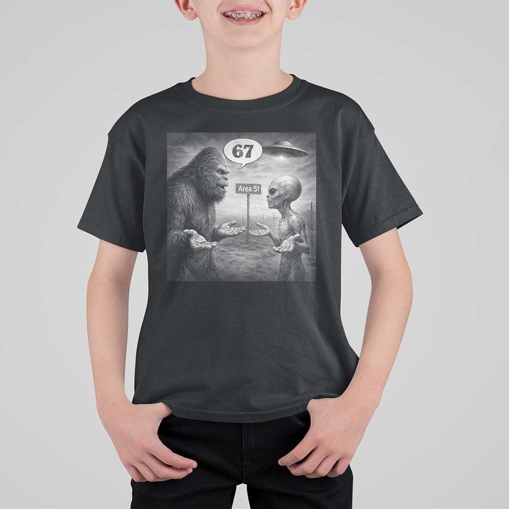 Funny 67 Meme Bigfoot Alien T Shirt For Kid Six Seven Sasquatch Area 51 UFO Conspiracy