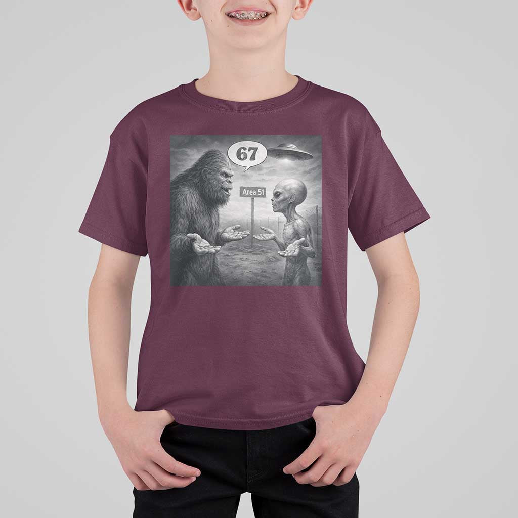Funny 67 Meme Bigfoot Alien T Shirt For Kid Six Seven Sasquatch Area 51 UFO Conspiracy