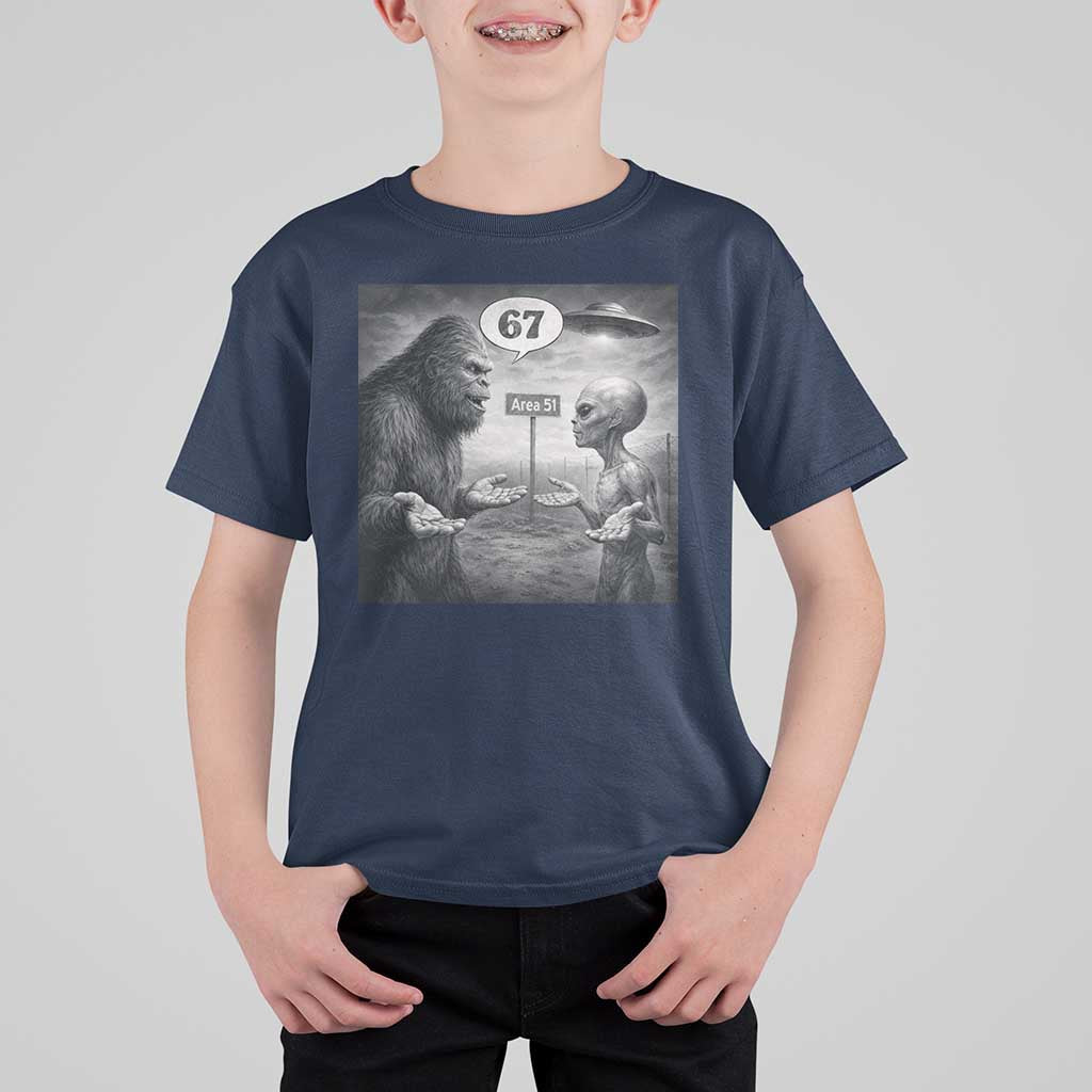 Funny 67 Meme Bigfoot Alien T Shirt For Kid Six Seven Sasquatch Area 51 UFO Conspiracy