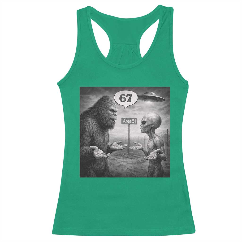 Funny 67 Meme Bigfoot Alien Racerback Tank Top Six Seven Sasquatch Area 51 UFO Conspiracy