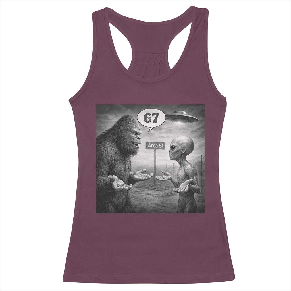 Funny 67 Meme Bigfoot Alien Racerback Tank Top Six Seven Sasquatch Area 51 UFO Conspiracy