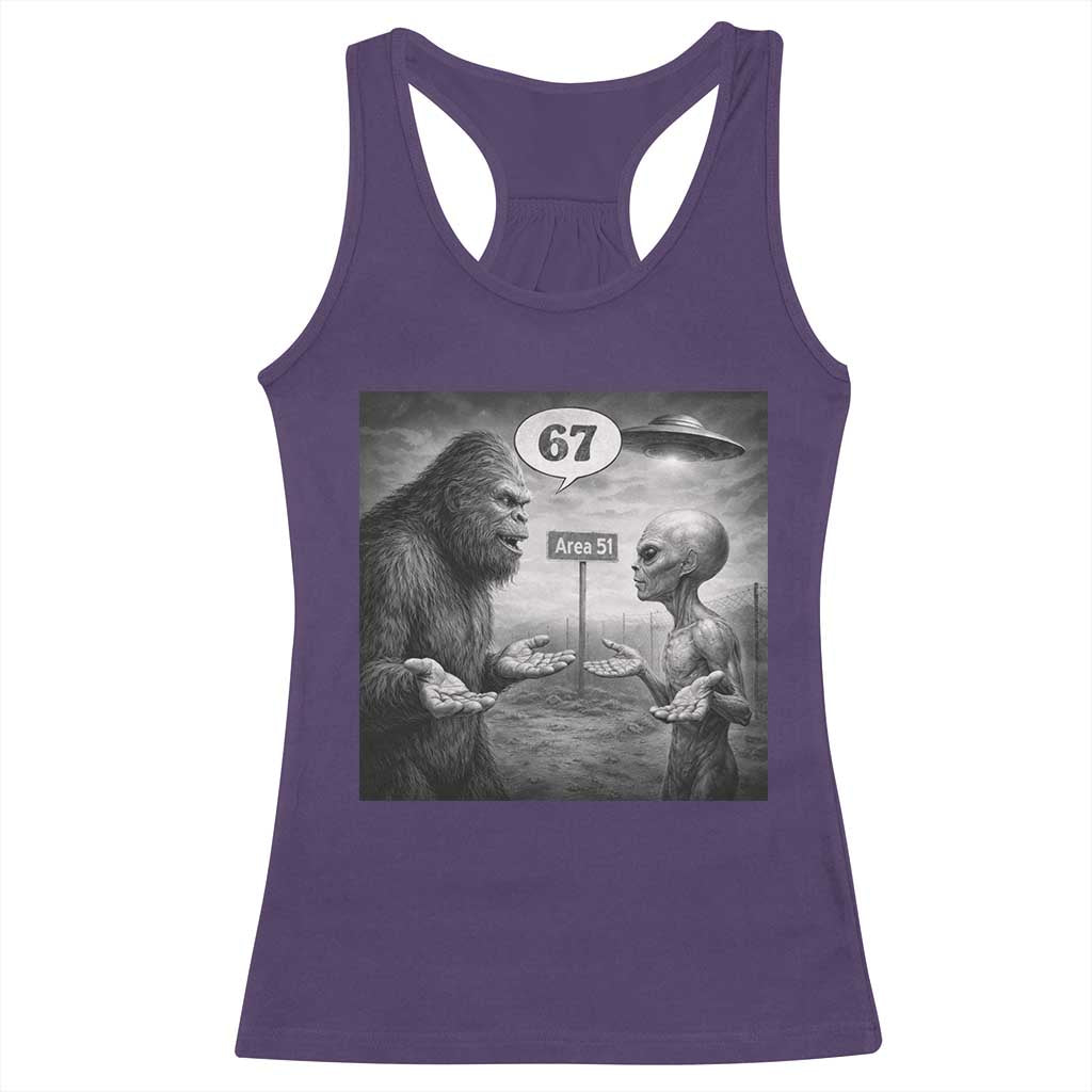 Funny 67 Meme Bigfoot Alien Racerback Tank Top Six Seven Sasquatch Area 51 UFO Conspiracy