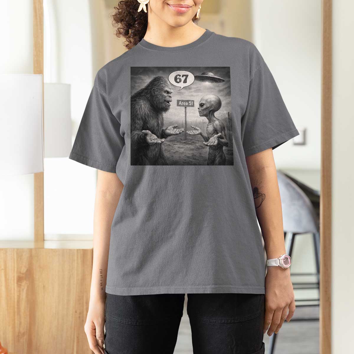Funny 67 Meme Bigfoot Alien T Shirt For Women Six Seven Sasquatch Area 51 UFO Conspiracy