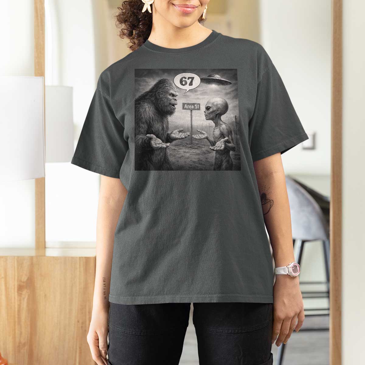 Funny 67 Meme Bigfoot Alien T Shirt For Women Six Seven Sasquatch Area 51 UFO Conspiracy
