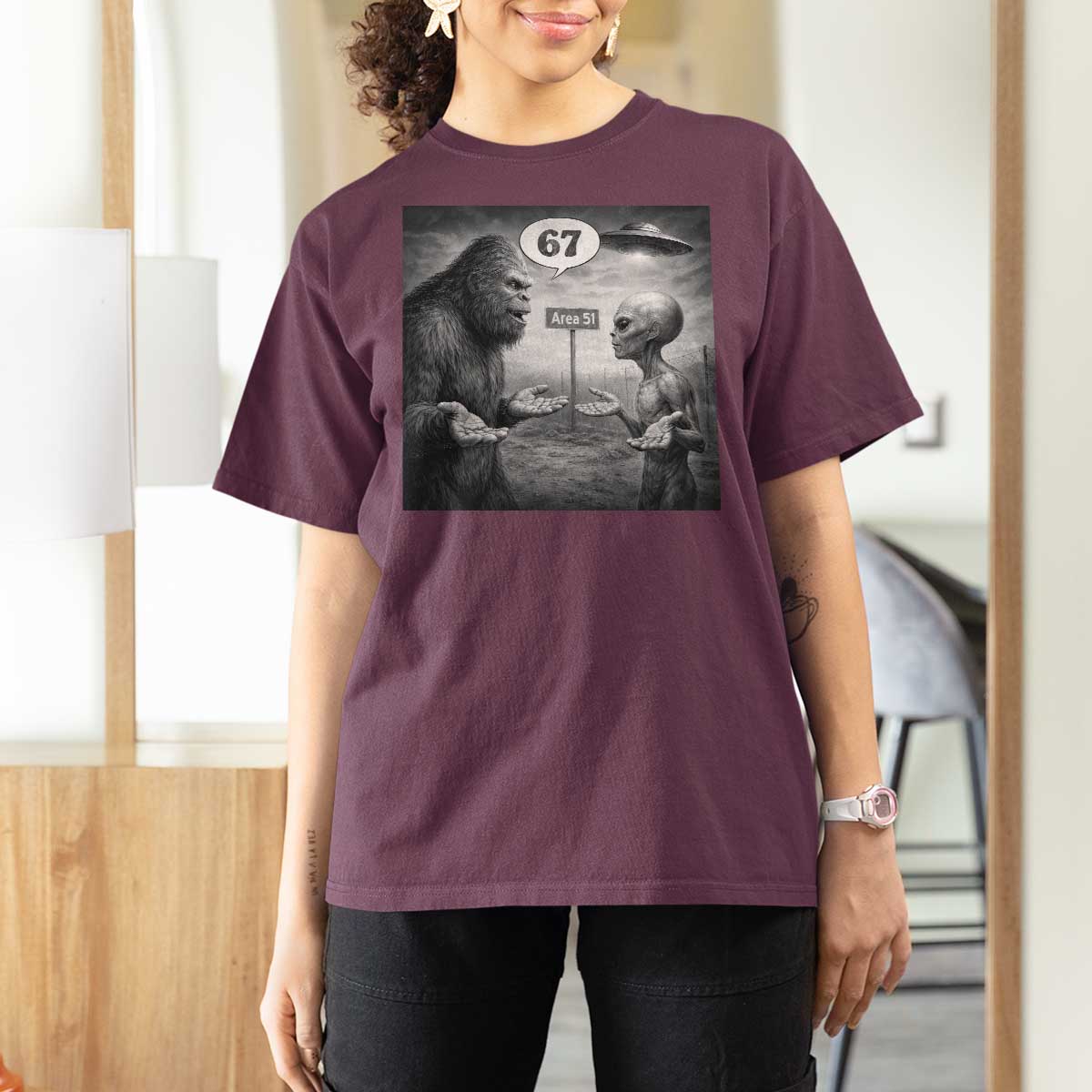 Funny 67 Meme Bigfoot Alien T Shirt For Women Six Seven Sasquatch Area 51 UFO Conspiracy