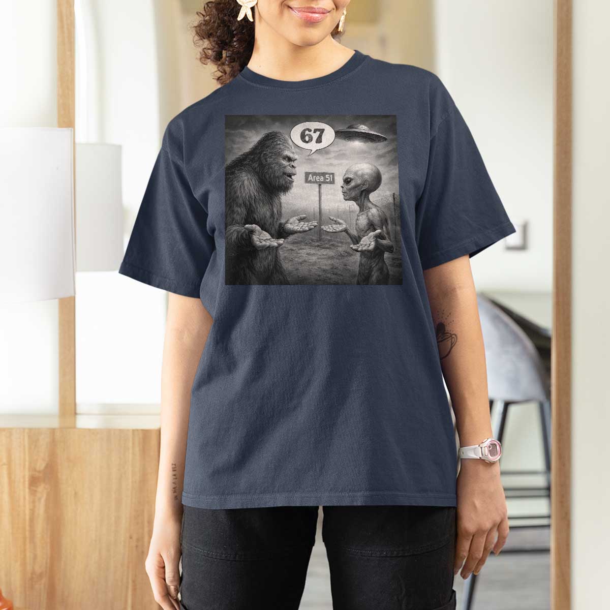 Funny 67 Meme Bigfoot Alien T Shirt For Women Six Seven Sasquatch Area 51 UFO Conspiracy