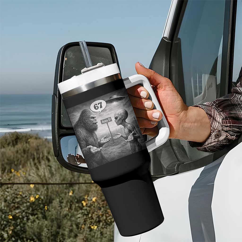 Funny 67 Meme Bigfoot Alien Tumbler With Handle Six Seven Sasquatch Area 51 UFO Conspiracy
