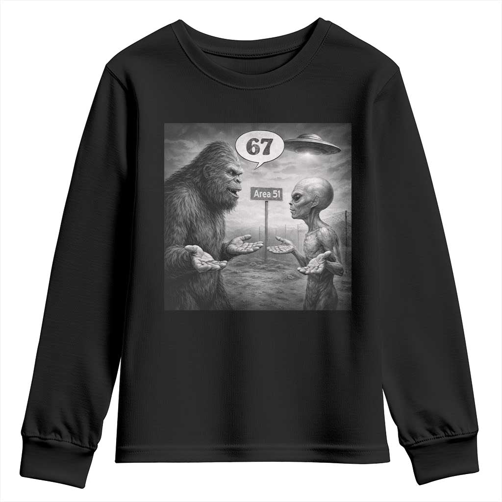 Funny 67 Meme Bigfoot Alien Youth Sweatshirt Six Seven Sasquatch Area 51 UFO Conspiracy