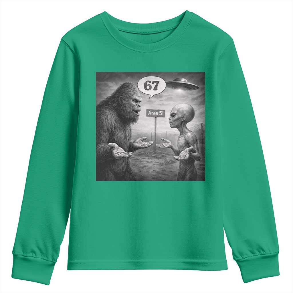 Funny 67 Meme Bigfoot Alien Youth Sweatshirt Six Seven Sasquatch Area 51 UFO Conspiracy