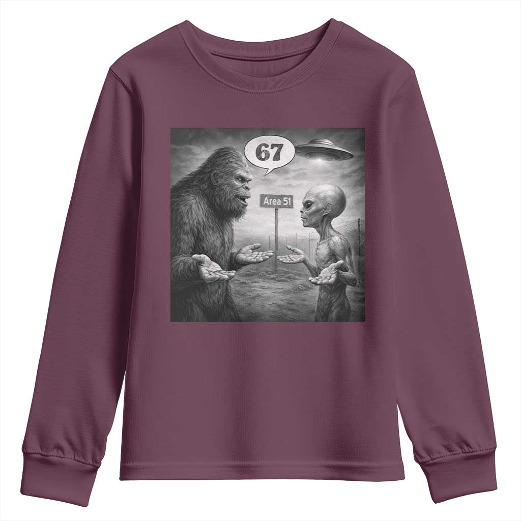 Funny 67 Meme Bigfoot Alien Youth Sweatshirt Six Seven Sasquatch Area 51 UFO Conspiracy