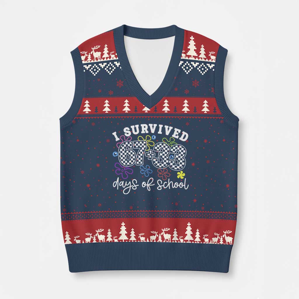 I Survived 67 33 100 Days of School V-Neck Knit Sweater Vest Funny 100th Day of School Flowers