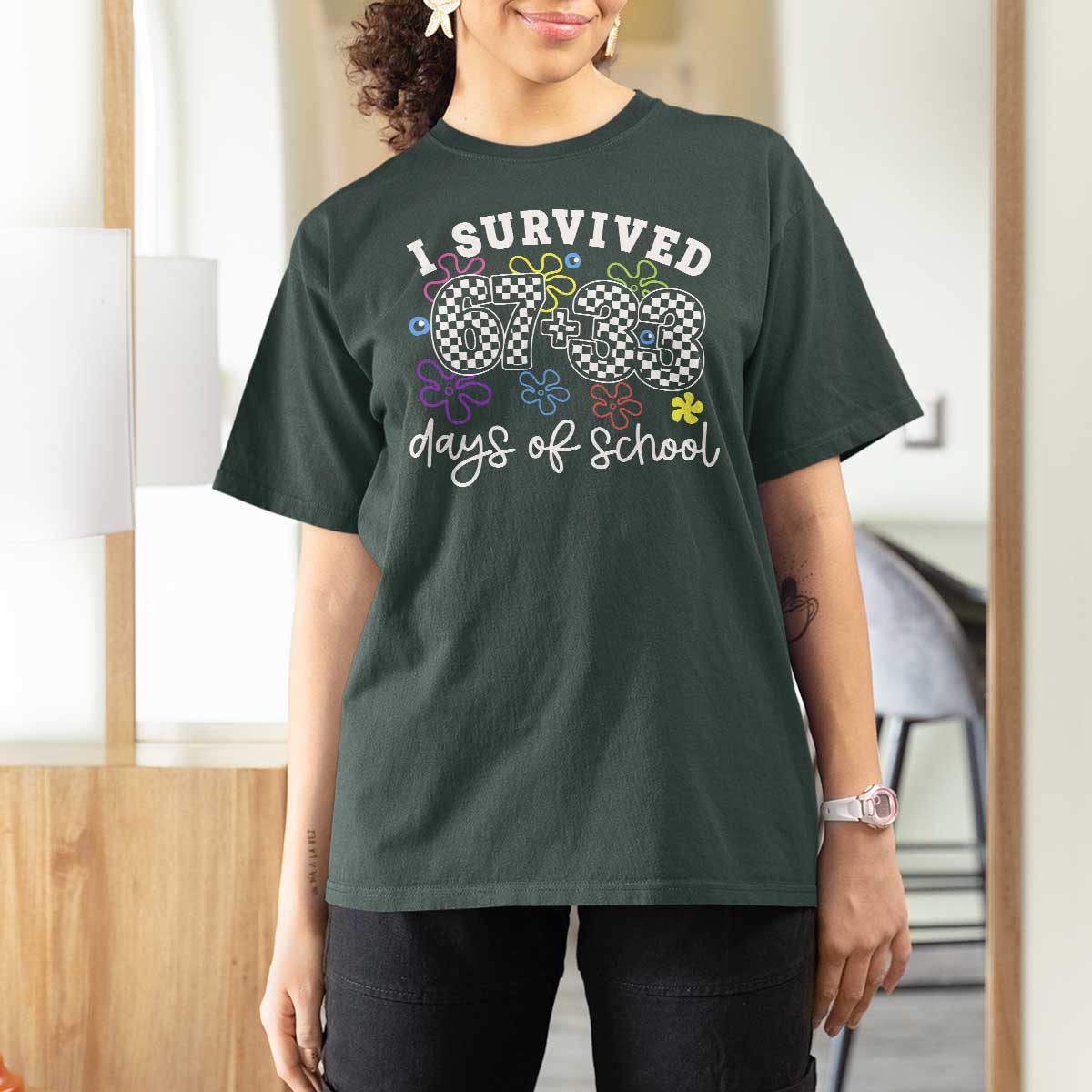 I Survived 67 33 100 Days of School T Shirt For Women Funny 100th Day of School Flowers
