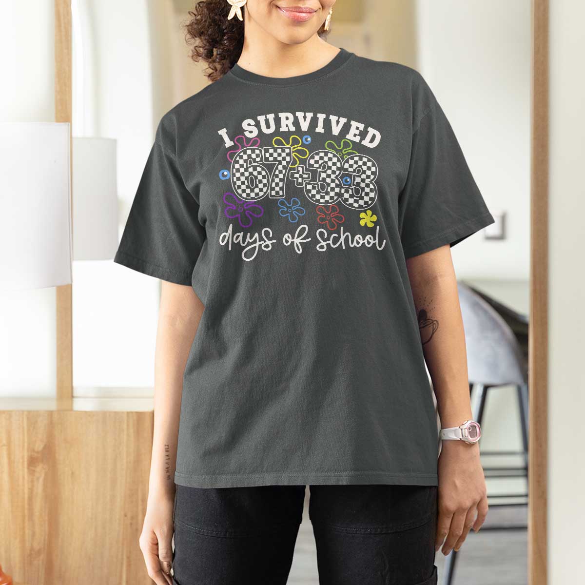 I Survived 67 33 100 Days of School T Shirt For Women Funny 100th Day of School Flowers