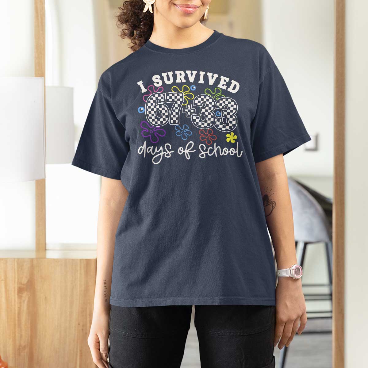 I Survived 67 33 100 Days of School T Shirt For Women Funny 100th Day of School Flowers