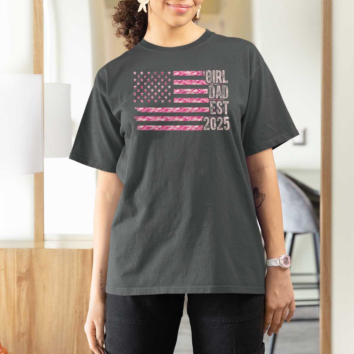Dad Of Girl Est. 2025 T Shirt For Women Father Girl To Be 2025 Daddy Camouflage Camo Flag
