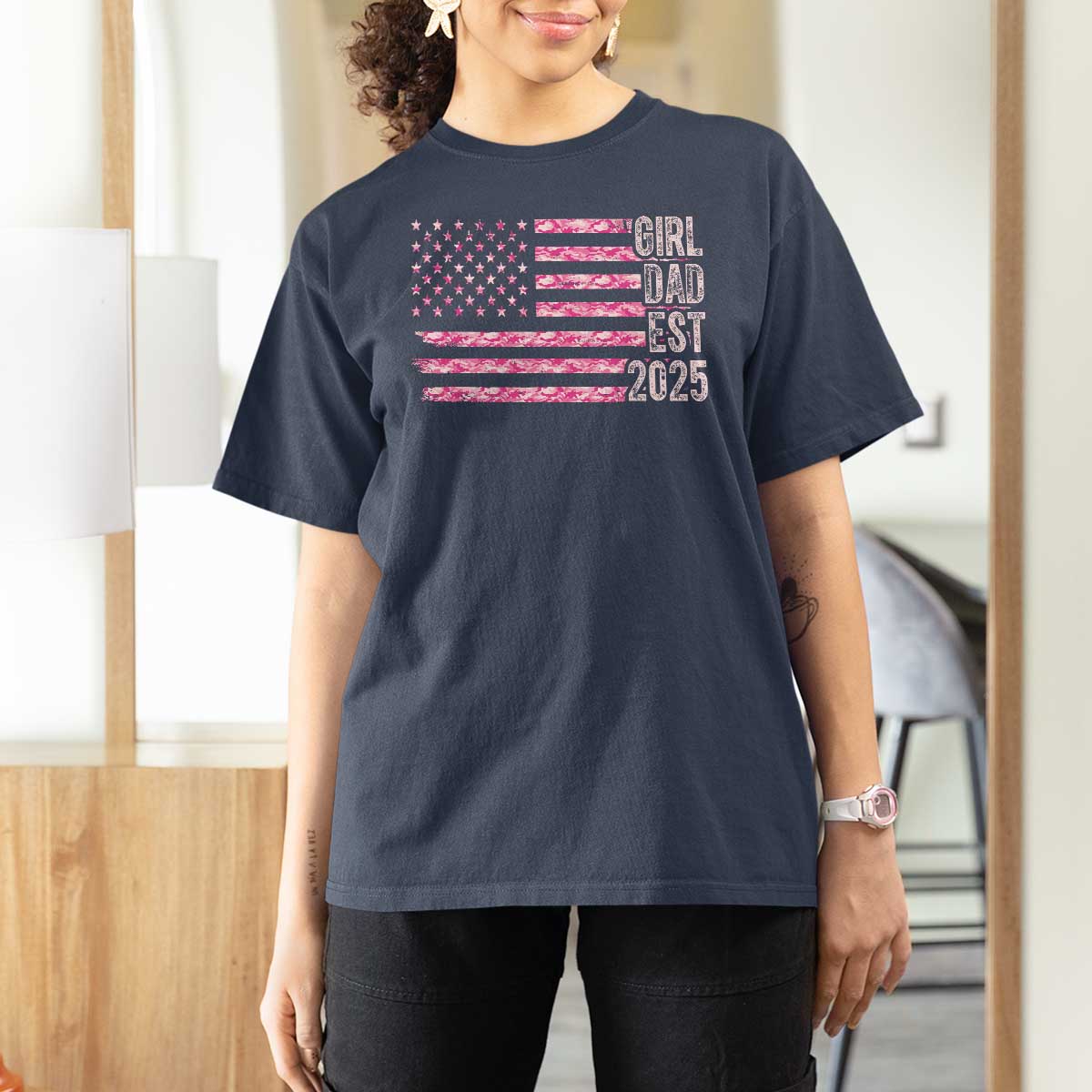 Dad Of Girl Est. 2025 T Shirt For Women Father Girl To Be 2025 Daddy Camouflage Camo Flag
